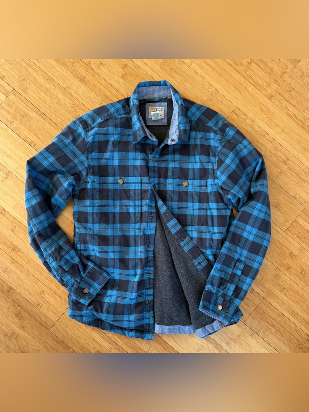LL Bean Blue Plaid Quilted-Lined Flannel Jacket